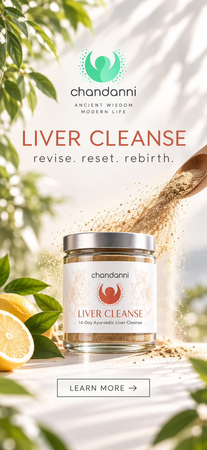Chandanni Liver Cleanse mobile banner with bright Chandanni logo and Learn More