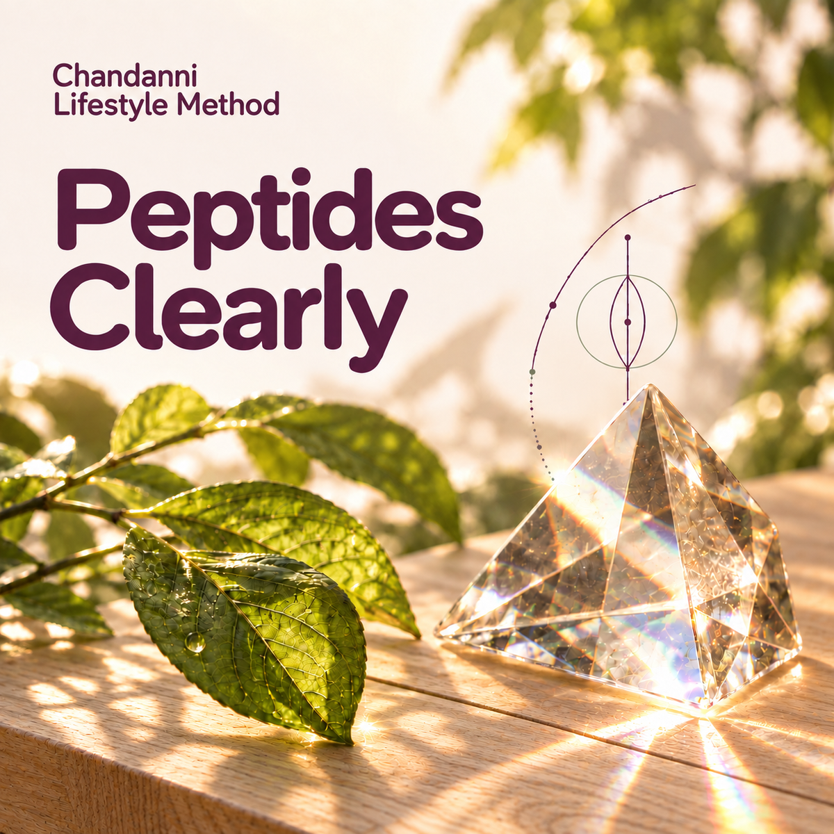 Peptides Clearly by Chandanni Lifestyle Method, with green leaves and a bright glass prism on pale wood in warm outdoor sunlight.